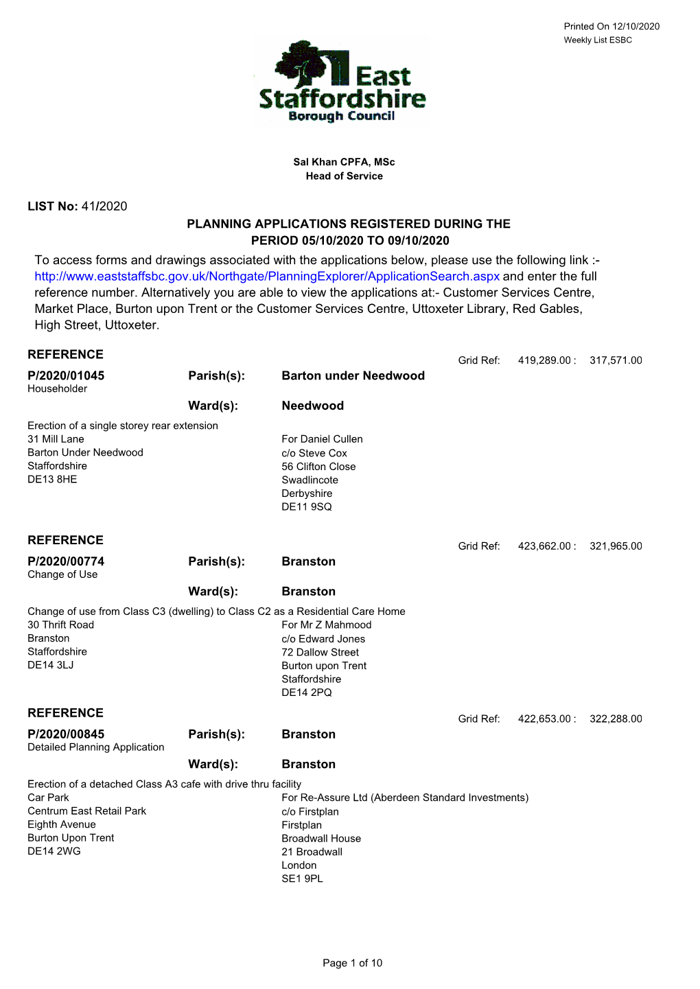 Application List Week Ending 09.10.20