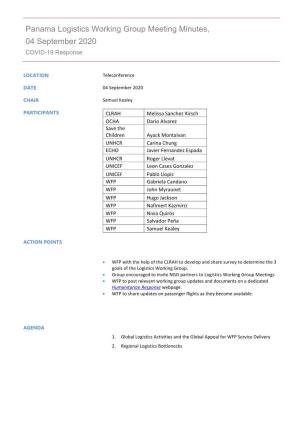 Panama Logistics Working Group Meeting Minutes, 04 September 2020 COVID-19 Response