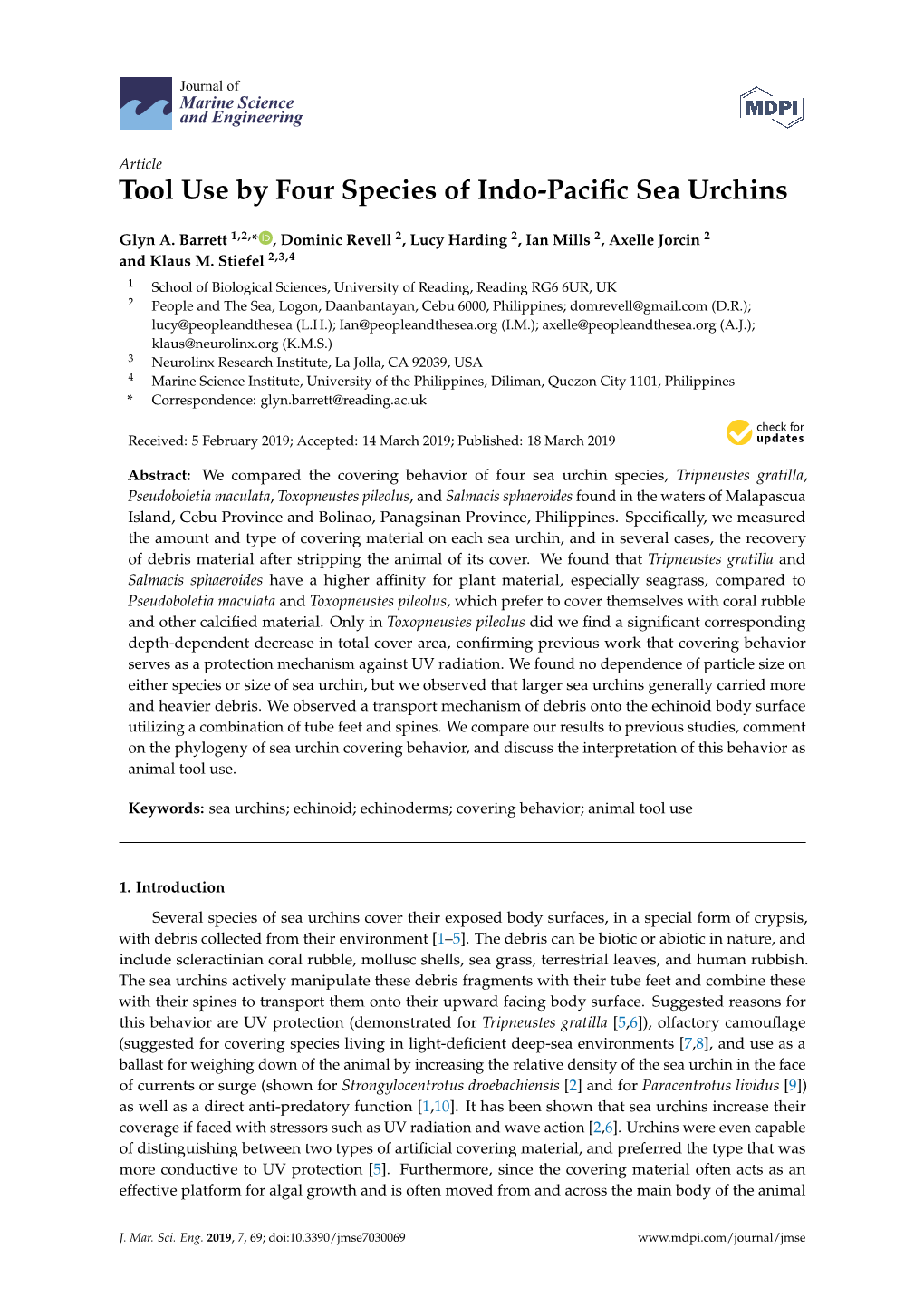 Tool Use by Four Species of Indo-Pacific Sea Urchins