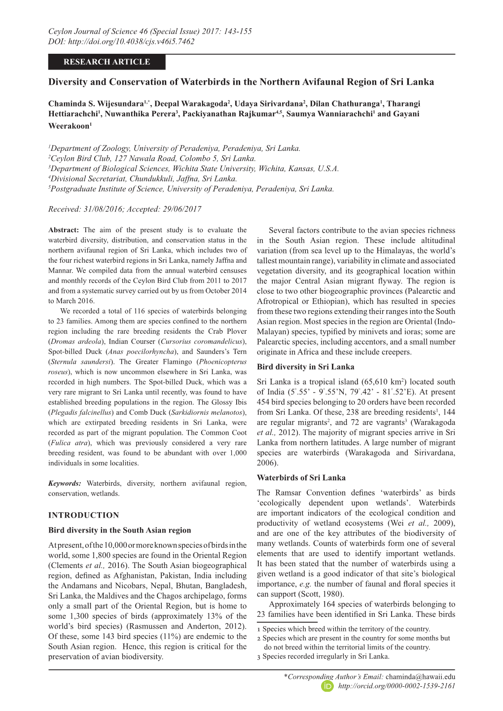 Diversity and Conservation of Waterbirds in the Northern Avifaunal Region of Sri Lanka