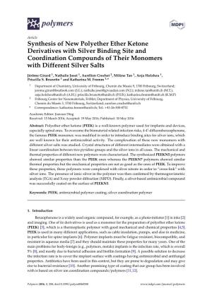 Synthesis of New Polyether Ether Ketone Derivatives with Silver Binding Site and Coordination Compounds of Their Monomers with Different Silver Salts