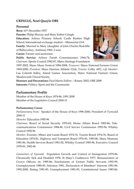 CRINGLE, Noel Quayle OBE Personal Parliamentary Profile