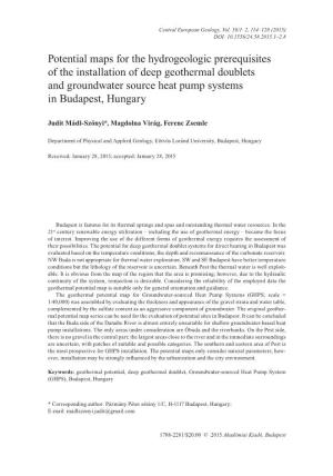 Potential Maps for the Hydrogeologic Prerequisites of the Installation of Deep Geothermal Doublets and Groundwater Source Heat Pump Systems in Budapest, Hungary