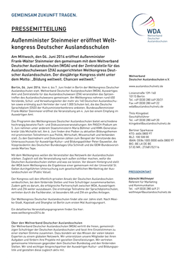 WDA-Pressemitteilung (04.06.2014): Außenminister Steinmeier Eröffnet Weltkongress Deutscher Auslandsschulen