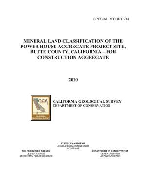 Mineral Land Classification of the Powerhouse Aggregate Project Site