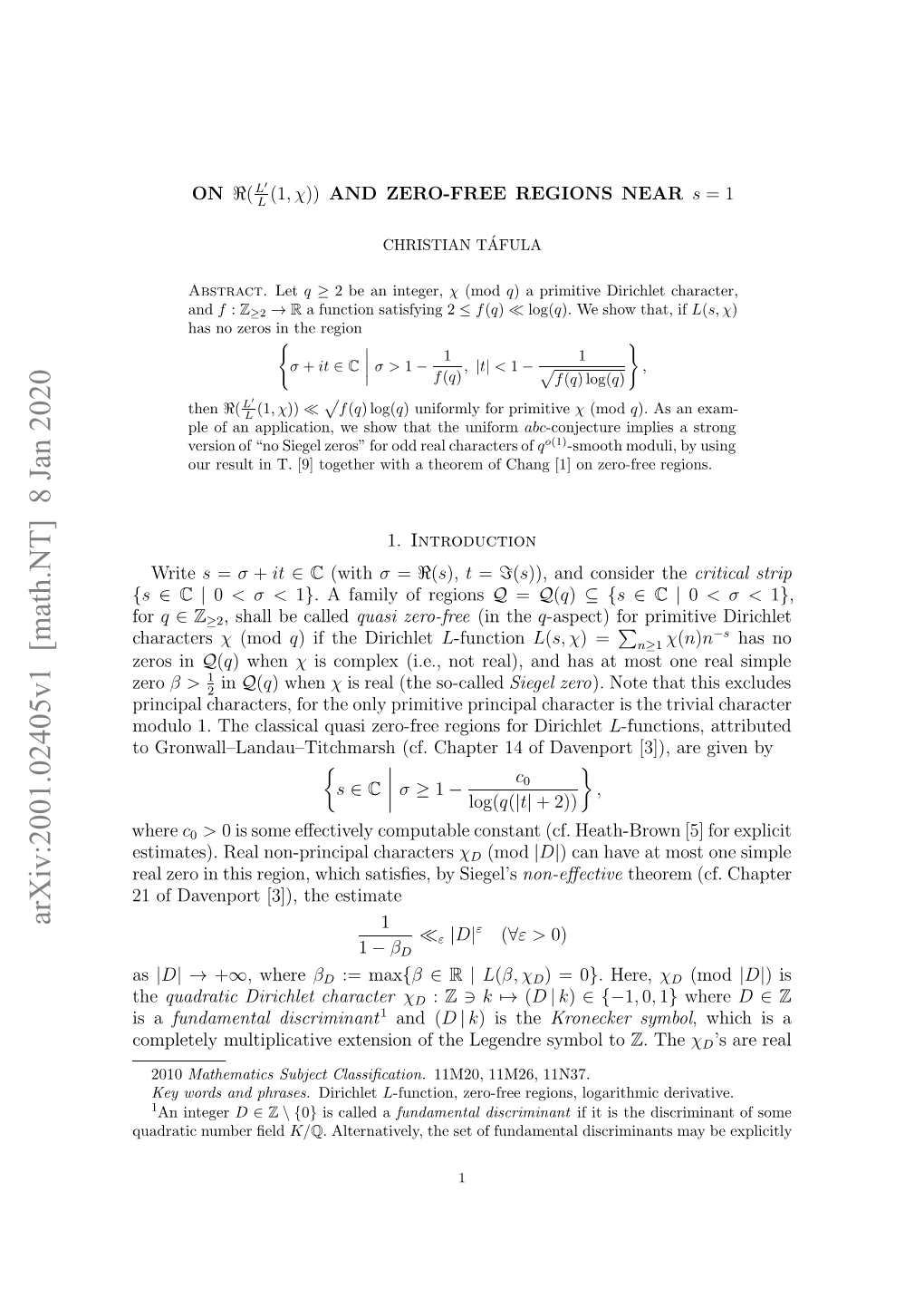 Arxiv:2001.02405V1 [Math.NT]