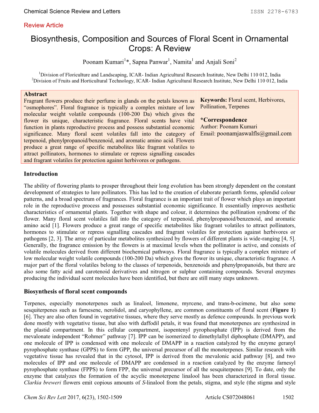 Biosynthesis, Composition and Sources of Floral Scent in Ornamental Crops: a Review Poonam Kumari1*, Sapna Panwar1, Namita1 and Anjali Soni2