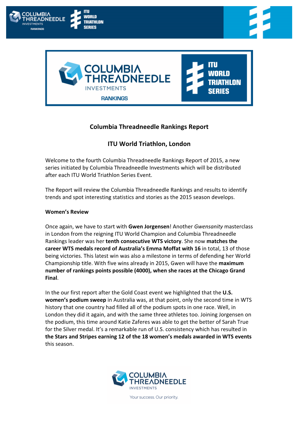 Columbia Threadneedle Rankings Report ITU World Triathlon