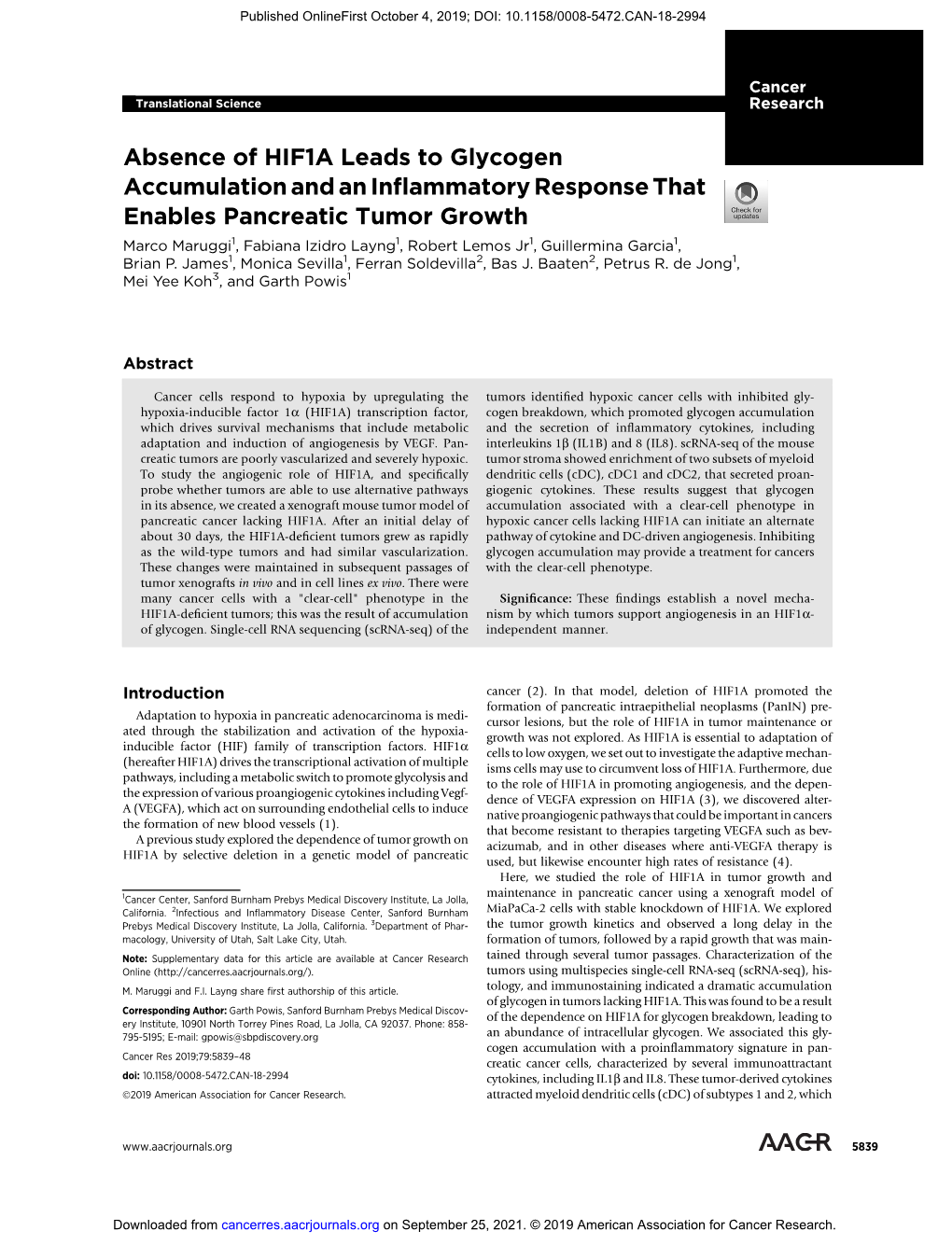 Absence of HIF1A Leads to Glycogen Accumulation and an Inflammatory Response That Enables Pancreatic Tumor Growth