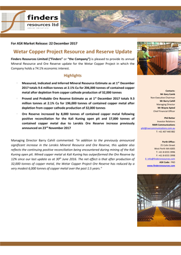 Wetar Copper Project Resource and Reserve Update