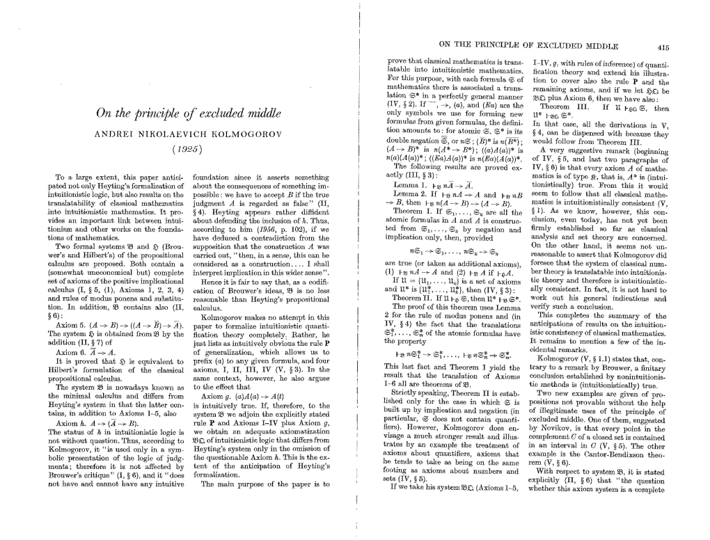 On the Principle Qf Excluded Middle U* I-Lro 6*