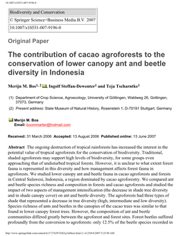 The Contribution of Cacao Agroforests to the Conservation of Lower Canopy Ant and Beetle Diversity in Indonesia