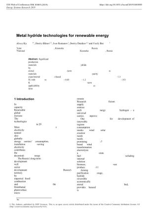 Metal Hydride Technologies for Renewable Energy
