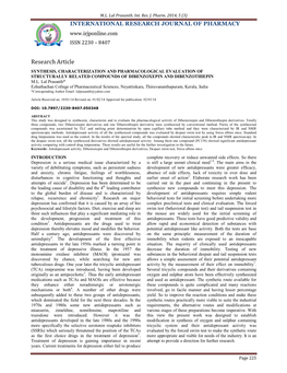 Synthesis, Characterization and Pharmacological Evaluation of Structurally Related Compounds of Dibenzoxepin and Dibenzothiepin M.L