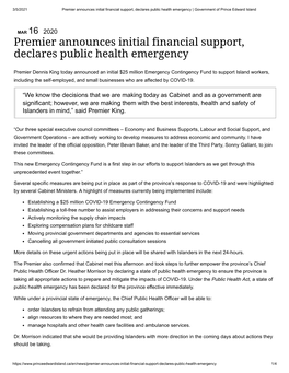 Premier Announces Initial Financial Support, Declares Public Health Emergency | Government of Prince Edward Island