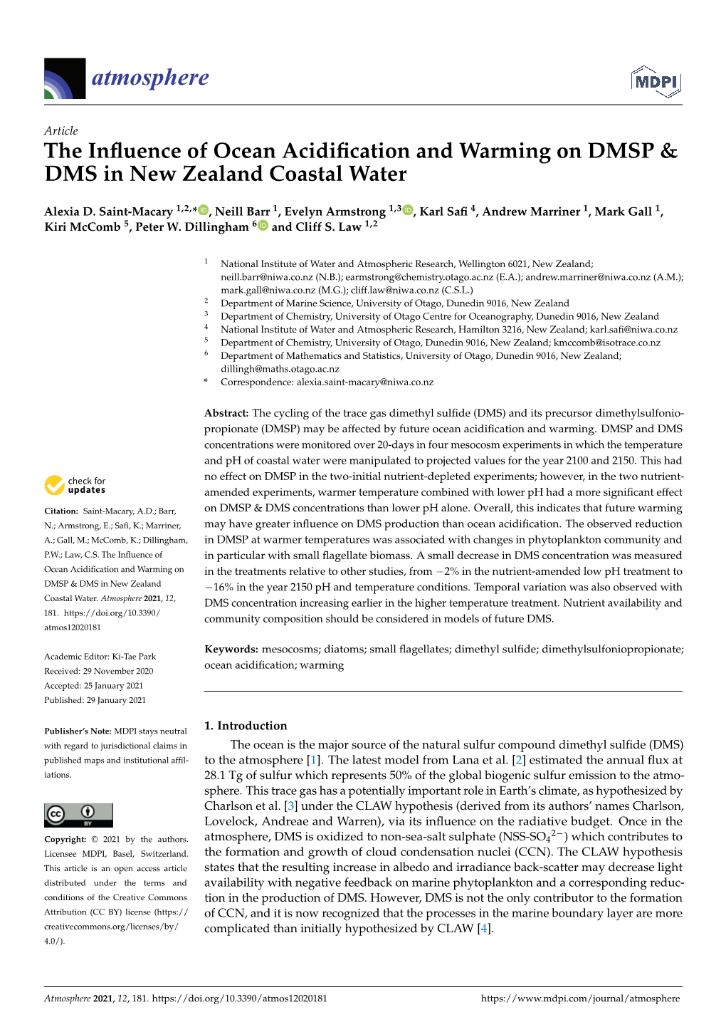 The Influence of Ocean Acidification and Warming on DMSP & DMS in New Zealand Coastal Water