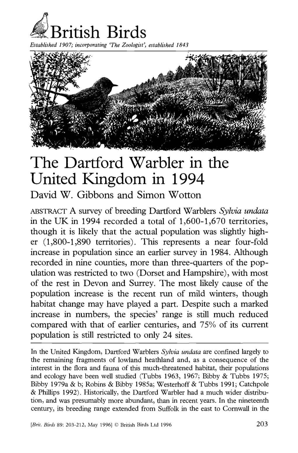 British Birds the Dartford Warbler in the United Kingdom in 1994