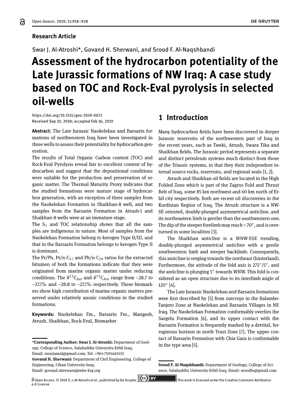 Assessment of the Hydrocarbon Potentiality of the Late Jurassic Formations of NW Iraq: a Case Study Based on TOC and Rock-Eval P