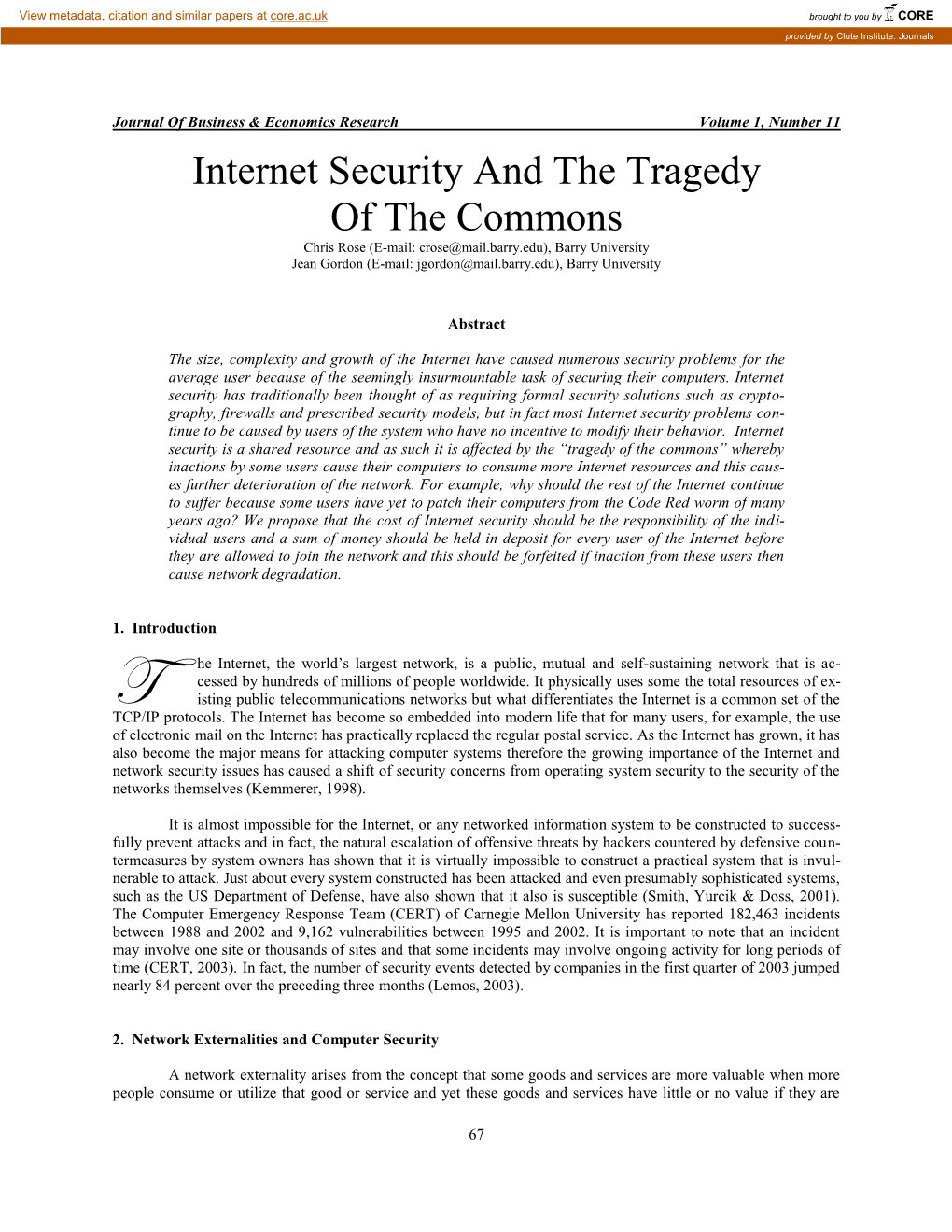 Internet Security and the Tragedy of the Commons