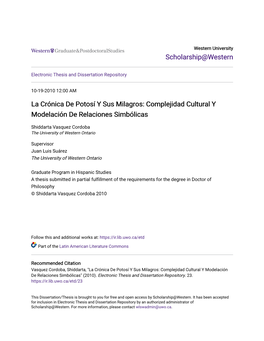 La Crónica De Potosí Y Sus Milagros: Complejidad Cultural Y Modelación De Relaciones Simbólicas