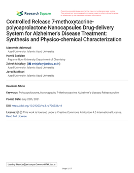 Polycaprolactone Nanocapsules Drug-Delivery System for Alzheimer's Disease Treatment: Synthesis and Physico-Chemical Characterization