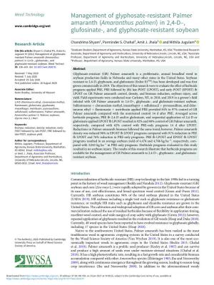 Amaranthus Palmeri) in 2,4-D , Glufosinate-, and Glyphosate-Resistant Soybean