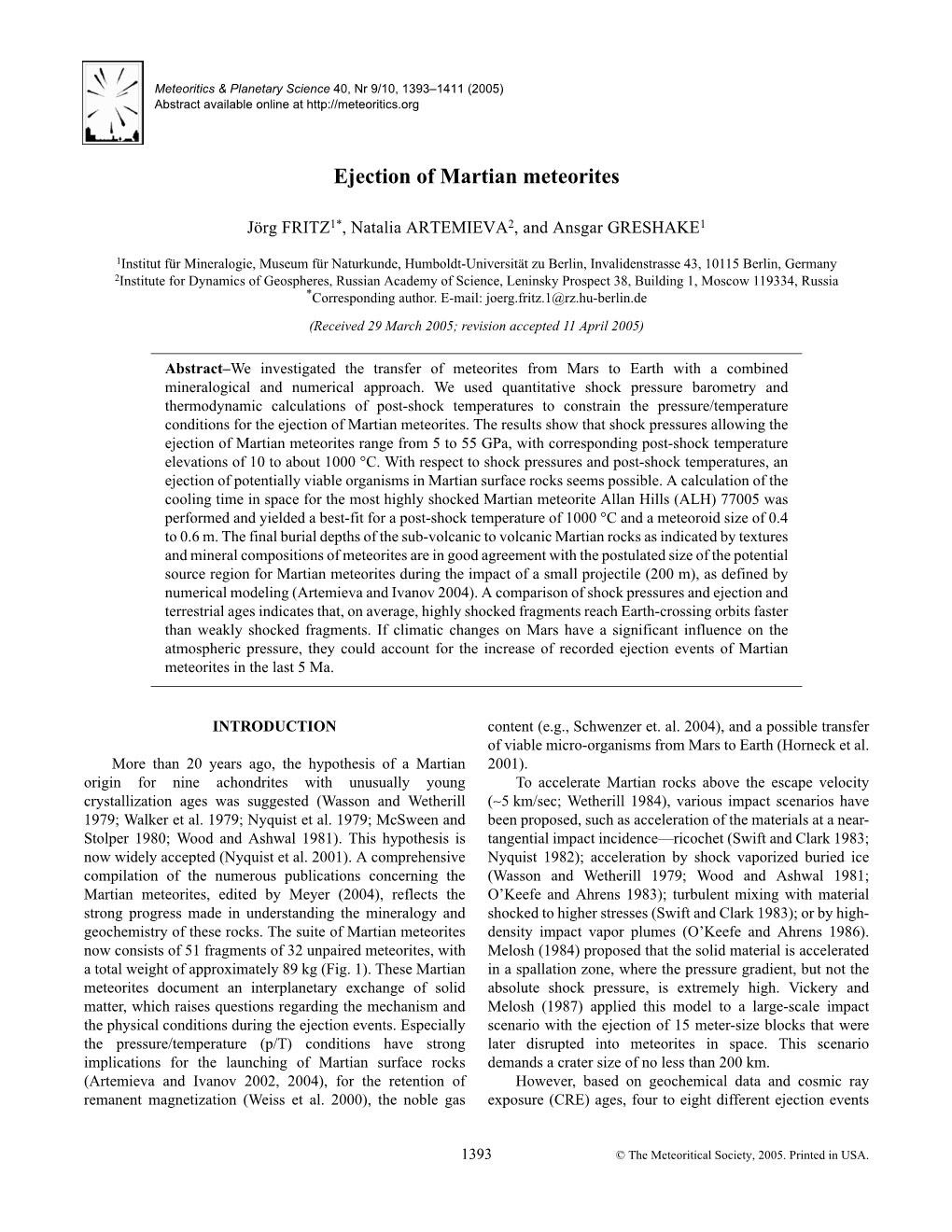 Ejection of Martian Meteorites