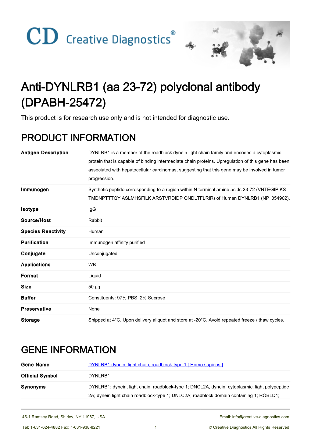 Anti-DYNLRB1 (Aa 23-72) Polyclonal Antibody (DPABH-25472) This Product Is for Research Use Only and Is Not Intended for Diagnostic Use