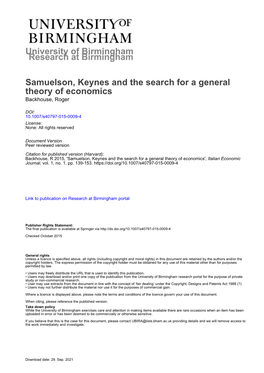 Samuelson, Keynes and the Search for a General Theory of Economics Backhouse, Roger