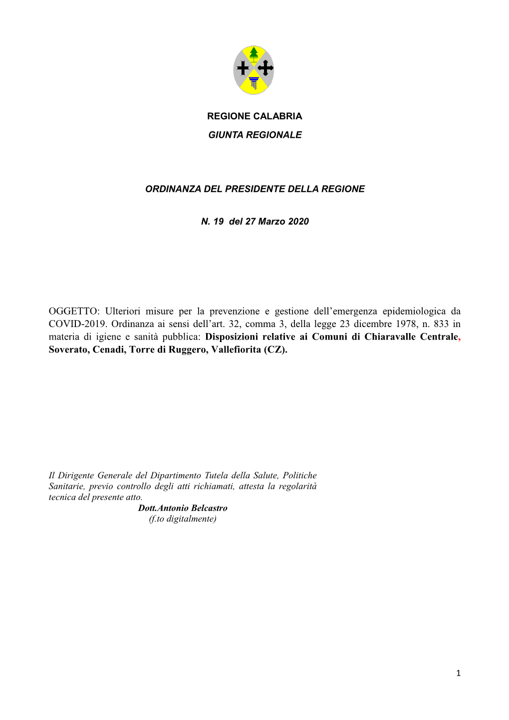 Ordinanza Del Presidente Della Regione N.19 Del 27 Marzo 2020