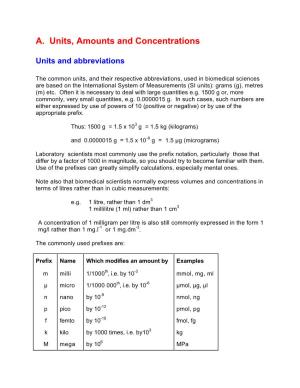 A. Units, Amounts and Concentrations
