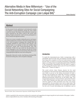 Use of the Social Networking Sites for Social Campaigning: the Anti-Corruption Campaign (Jan Lokpal Bill)” Mukta Martolia*