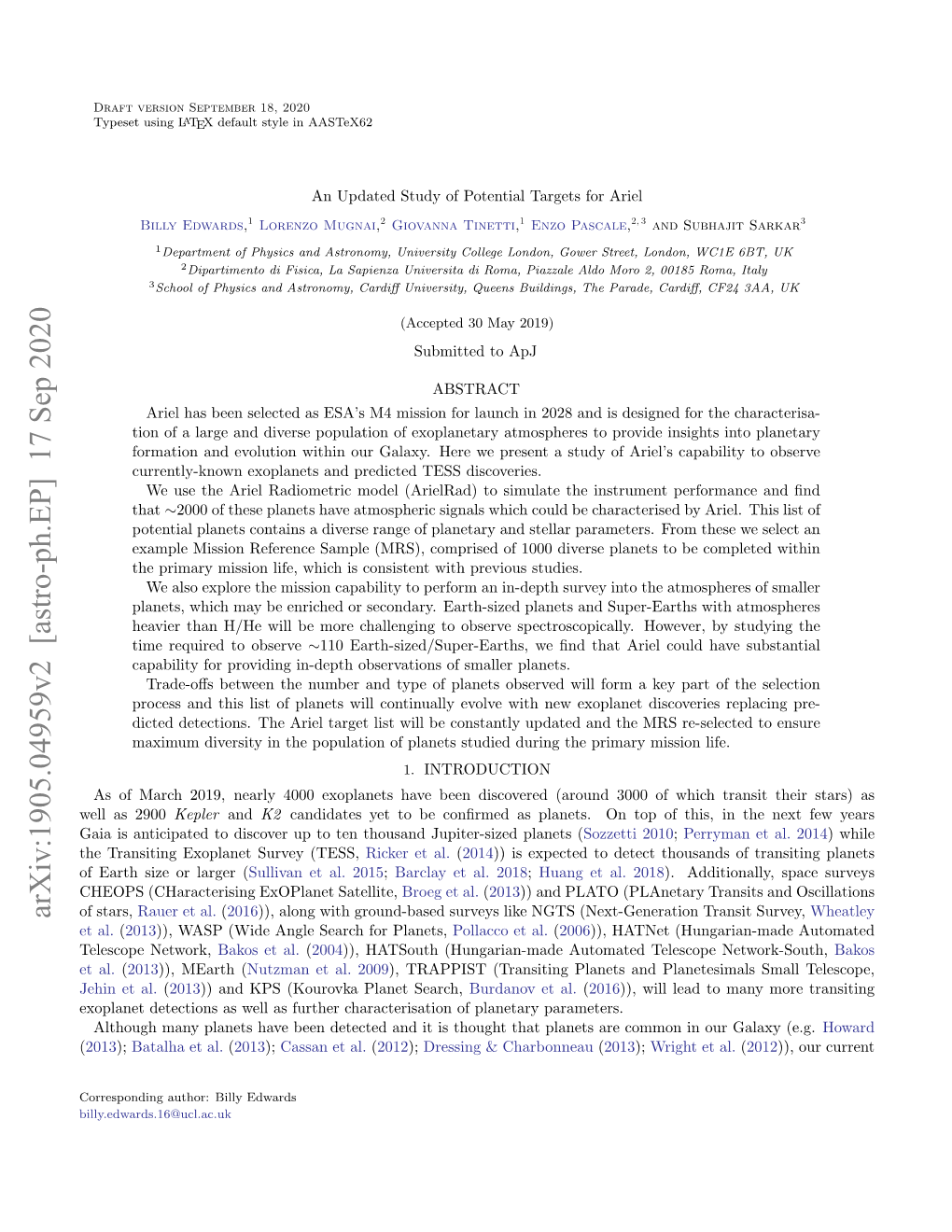 Arxiv:1905.04959V2 [Astro-Ph.EP] 17 Sep 2020