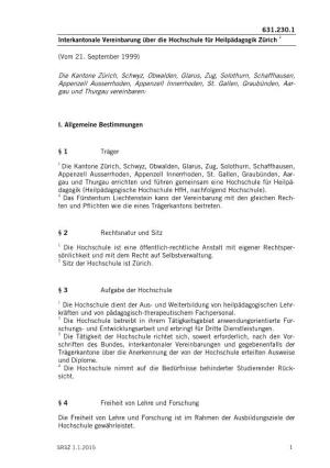 631.230.1 Interkantonale Vereinbarung Über Die Hochschule Für Heilpädagogik Zürich 1