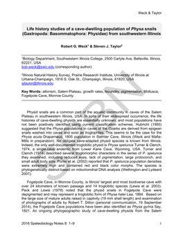 Life History Studies of a Cave-Dwelling Population of Physa Snails (Gastropoda: Basommatophora: Physidae) from Southwestern Illinois