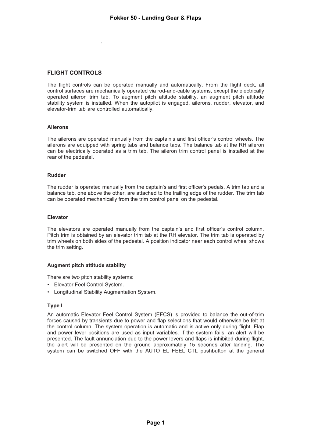 FLIGHT CONTROLS Fokker 50