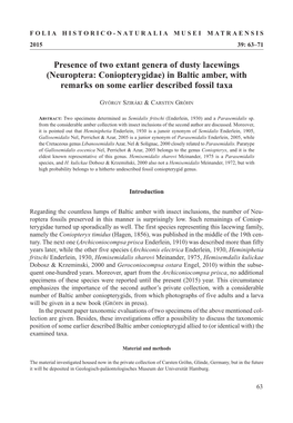 Neuroptera: Coniopterygidae) in Baltic Amber, with Remarks on Some Earlier Described Fossil Taxa