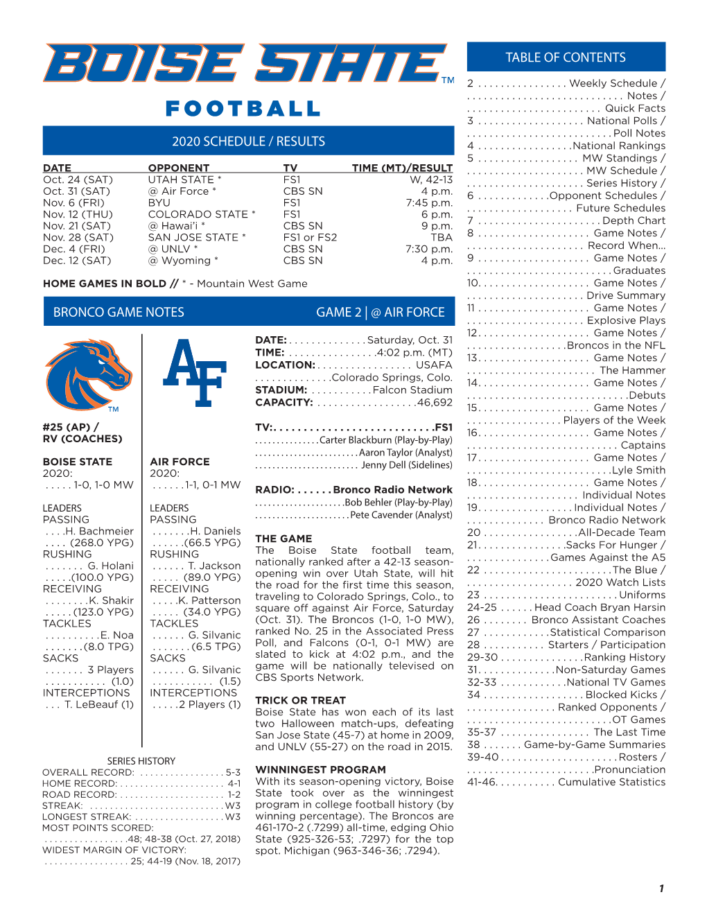 2020 Schedule / Results Bronco Game Notes Game 2 | @ Air Force Table of Contents