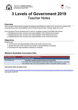 3 Levels of Government 2019 Teacher Notes
