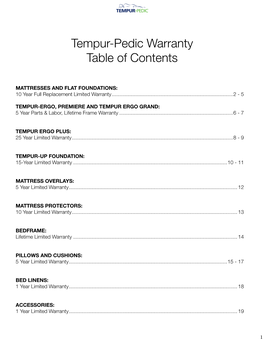 Tempur-Pedic Warranty Table of Contents