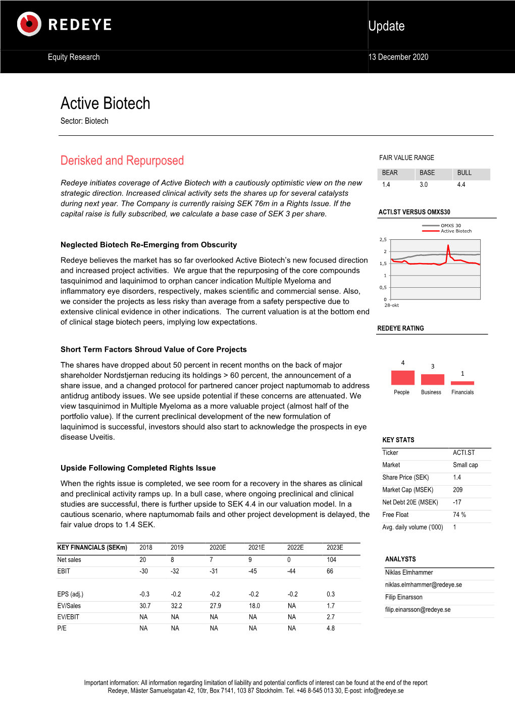 Redeye Initiates Coverage of Active Biotech with a Cautiously Optimistic View on the New 1.4 3.0 4.4