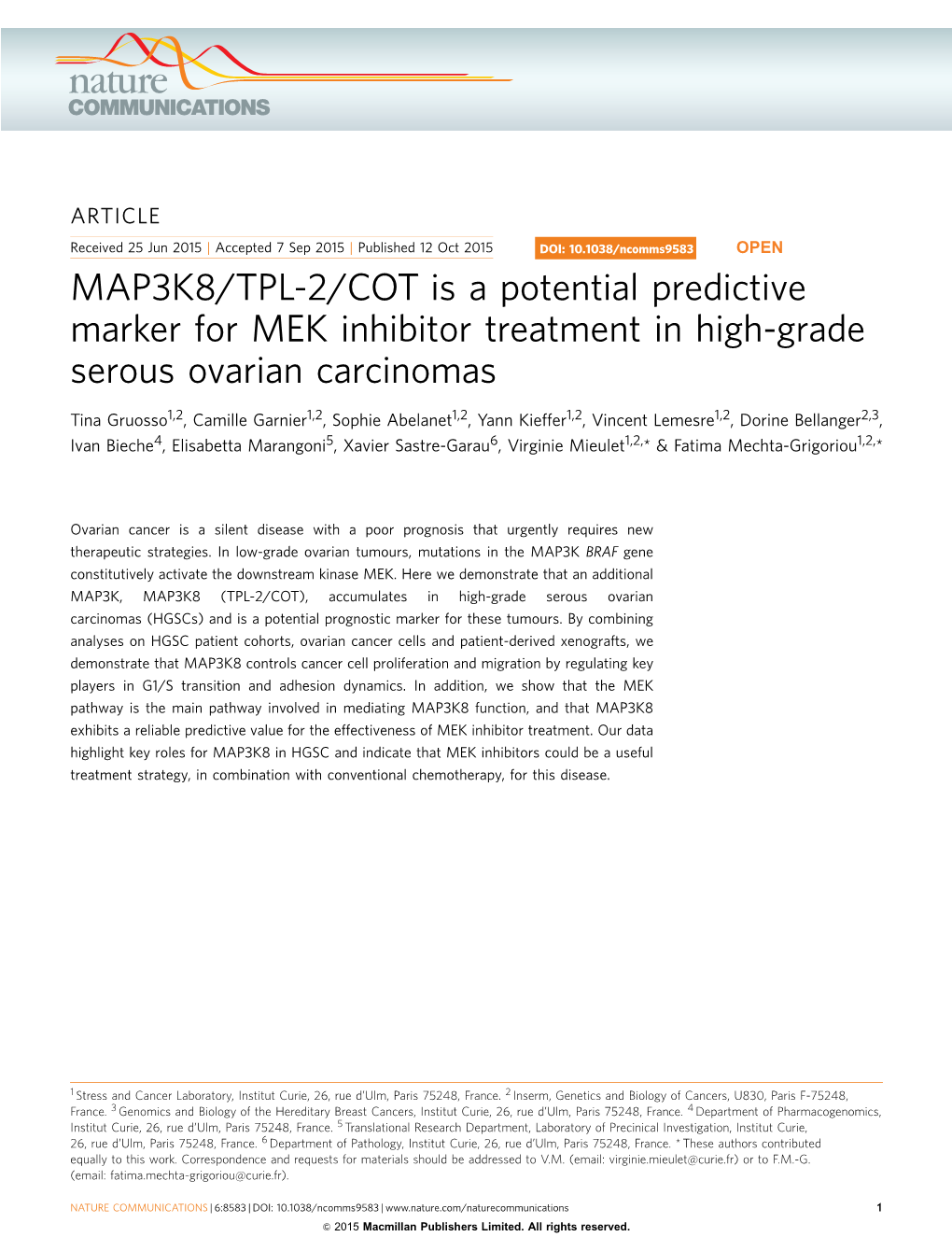 MAP3K8/TPL-2/COT Is a Potential Predictive Marker for MEK Inhibitor Treatment in High-Grade Serous Ovarian Carcinomas