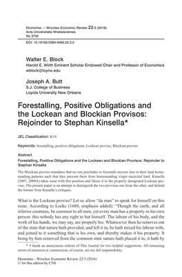 Forestalling, Positive Obligations and the Lockean and Blockian Provisos: Rejoinder to Stephan Kinsella*
