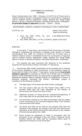 GOVERNMENT of TELANGANA ABSTRACT Forest (Conservation) Act, 1980 – Diversion of 0.8175 Ha of Forest Land in Yadaram Reserve Fo