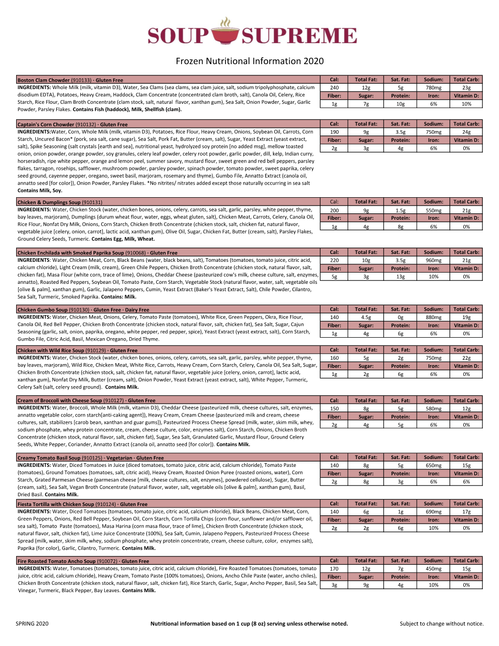 Frozen Nutritional Information 2020