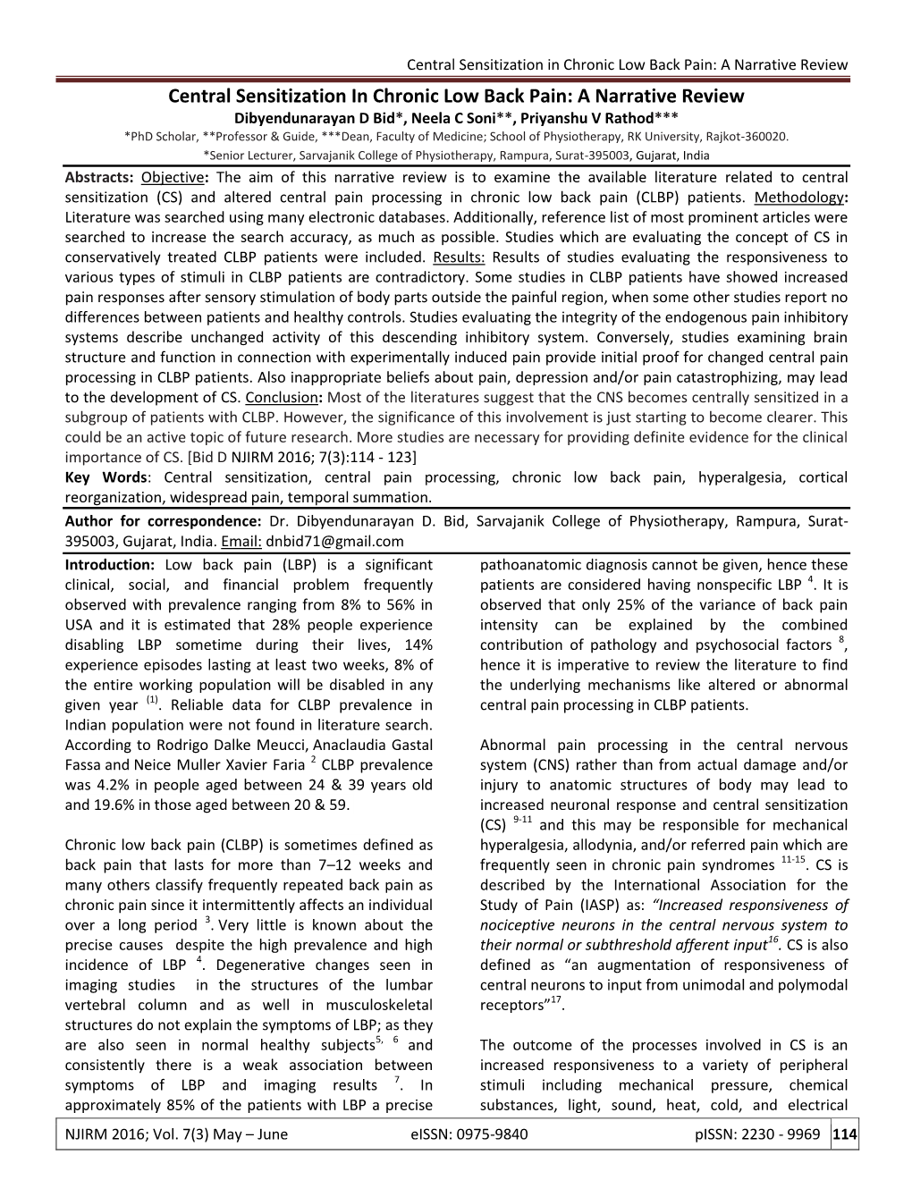 Central Sensitization in Chronic Low Back Pain