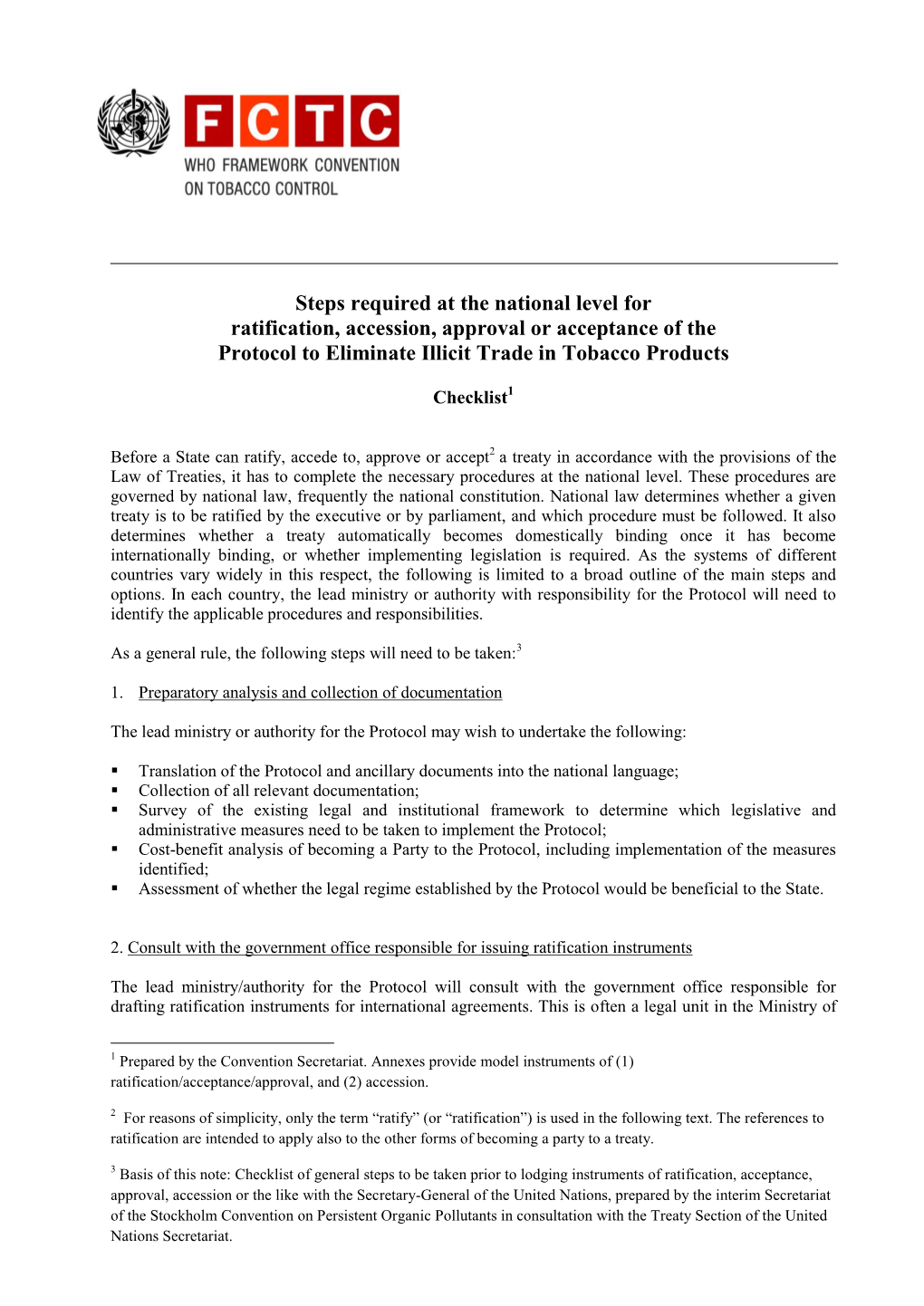 Steps Required at the National Level for Ratification, Accession, Approval Or Acceptance of the Protocol to Eliminate Illicit Trade in Tobacco Products