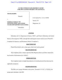 IN the UNITED STATES DISTRICT COURT for the EASTERN DISTRICT of LOUISIANA ______) MALIK RAHIM ) ) Plaintiff, ) ) Civil Action No.: 2:11-Cv-02850 V