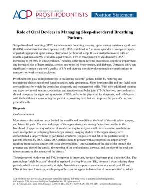 Role of Oral Devices in Managing Sleep-Disordered Breathing Patients