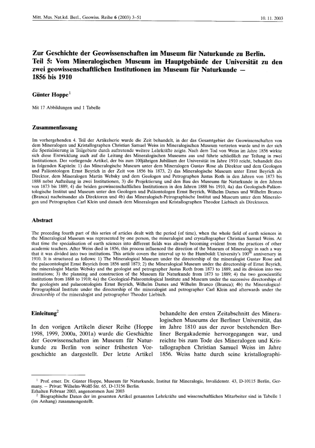 Zur Geschichte Der Geowissenschaften Im Museum Fur Naturkunde Zu Berlin